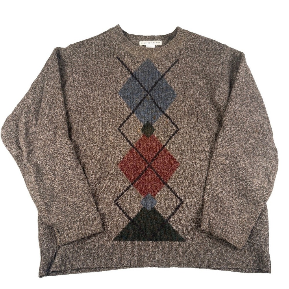 Vintage Geoffrey Beene Sweater Mens S 100% Lambswool Argyle Made USA Brown
